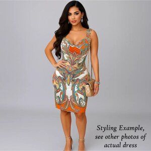 Donna Morgan Size 4 Sleeveless Paisley Dress Orange White Ruched Bodycon